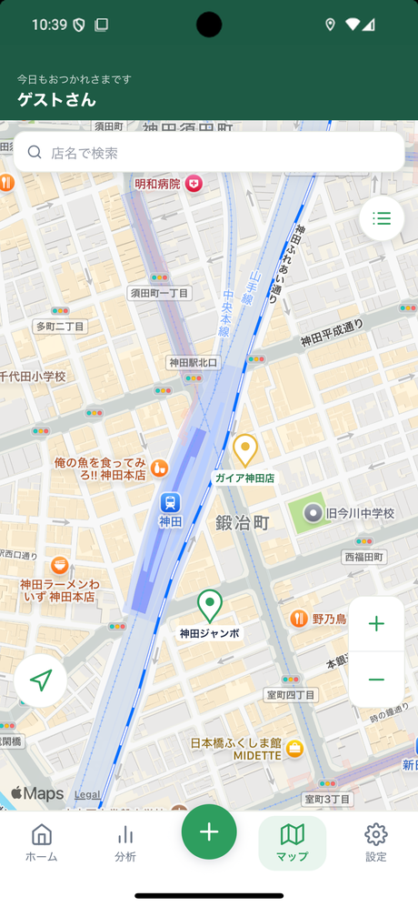 マップ画面 — 周辺のパチンコ店を地図で確認